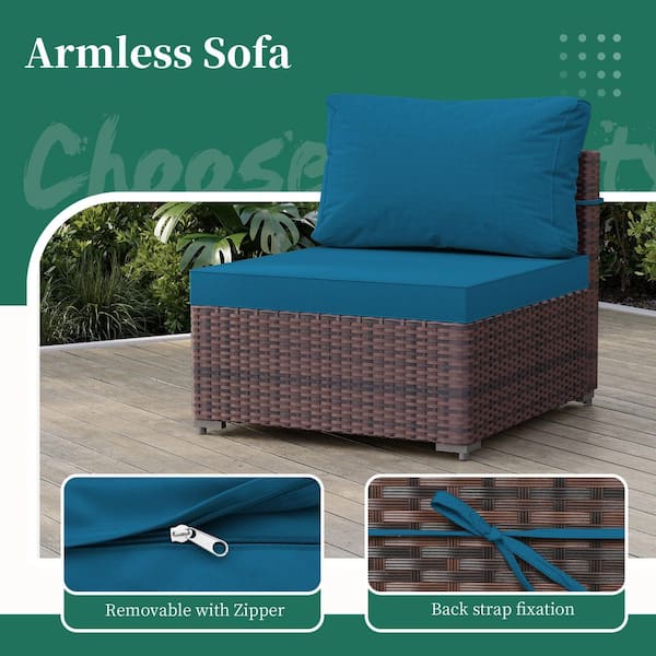 5-Piece Wicker Patio Conversation Sectional Seating Set with Lake Blue Cushions
