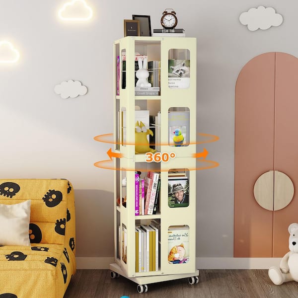 54.7 in. Tall Yellow Steel 4-Tier Rotating Bookcase with Wheels 360 ° Display Stackable Spinning Corner Bookshelf Tower