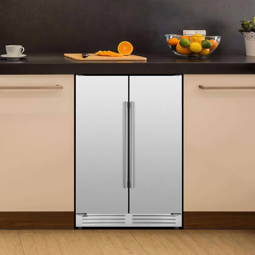 Tittla 24" Silver Beverage Refrigerator with French Doors 150-Can Capacity, Built-in or Freestanding Beer and Drink Cooler