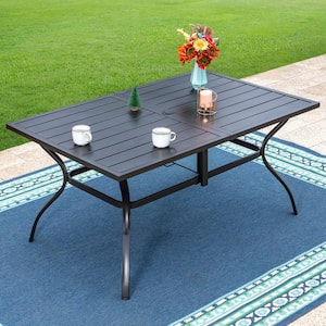 Black Slat Rectangle Metal Patio Outdoor Dining Table with 1.57 in. Umbrella Hole