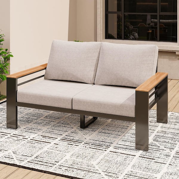 Gray 1 Piece Aluminum Outdoor Loveseat with Cushions and Wood Armrests