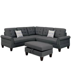 Ogden 3-Piece Charcoal Gray Fabric 5-Seater L-Shape Sectional Set Trimmed in Rivets with Storage Ottoman