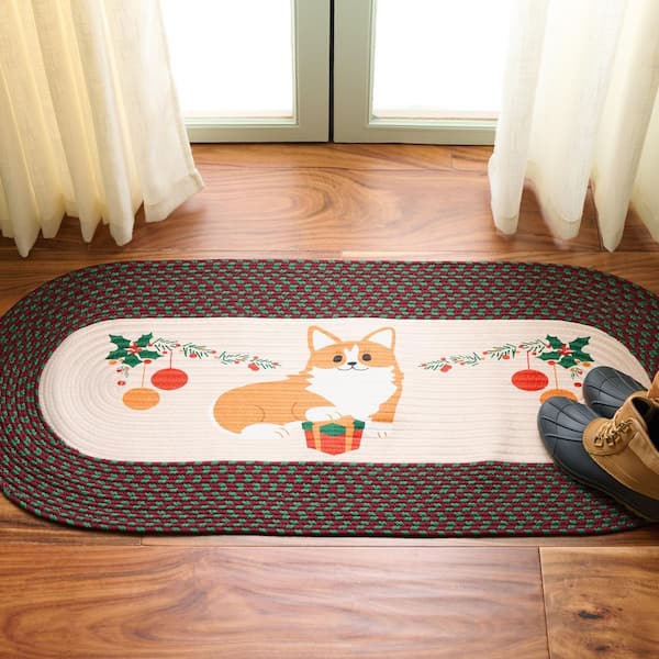 Braided Posters 2 ft. x 4 ft. Ivory/Burgundy Red Basket Weave Washable Oval Rug