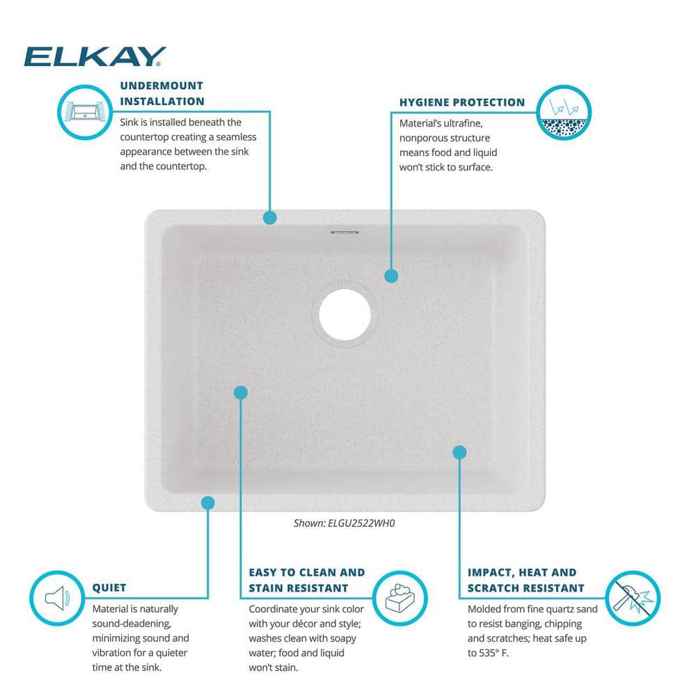 Elkay White Quartz 25" Undermount Single Bowl Kitchen Sink
