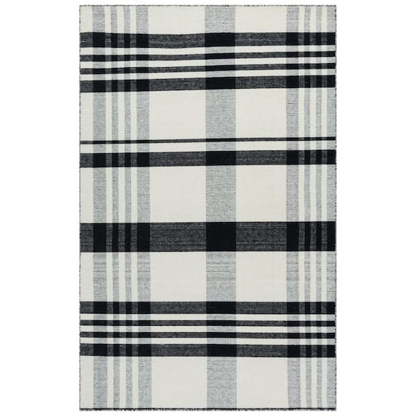 Striped Kilim 6 ft. x 9 ft. Black/Ivory Modern Plaid Area Rug