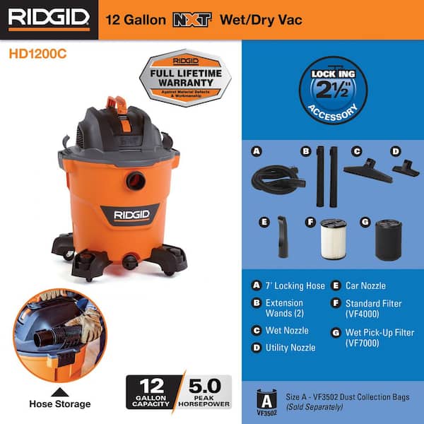  RIDGID 12 Gal. 5.0-Peak HP Wet Dry Vac WD1270 : Industrial &  Scientific