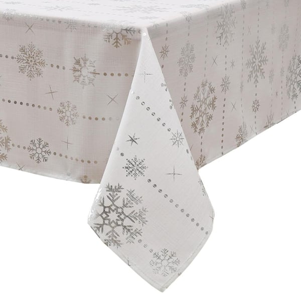 Threadmade Home Foil Wonderland Snowflake Holiday Fabric Tablecloth, Ivory - 60"W x 84"L