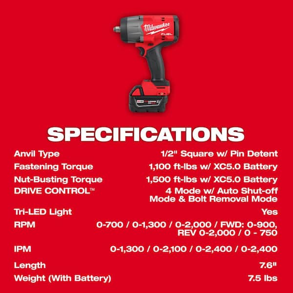 Milwaukee - M18 FUEL 18V Lith-Ion Brushless Cordless 1/2 in. Impact Wrench Kit w/One 5.0 Ah Battery & FORGE XC 8.0 Ah Battery Pack