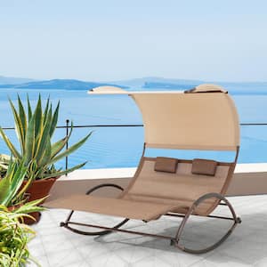 Metal Patio Double Outdoor Rocking Chair in Brown with Sun Shade Canopy, Wheels and Headrest (1-Piece)