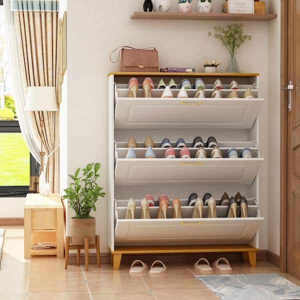 Modern 24-Cube Wood Shoe Storage Cabinet Freestanding Shoe