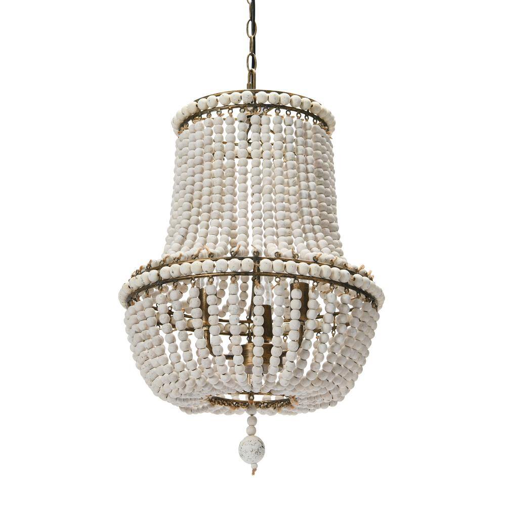 Off-White Draped Wood Bead Chandelier with Iron Frame