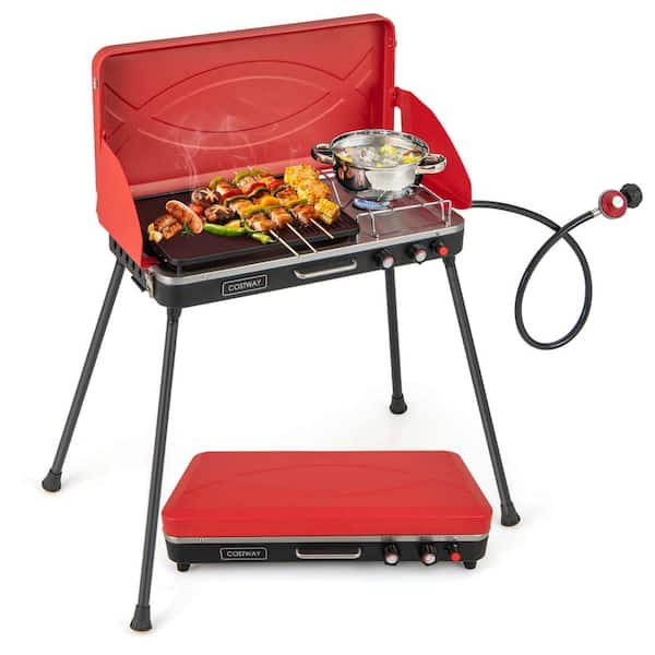 Costway 2 in 1 Portable Propane Grill 2-Burner Camping Gas Stove with Removable Leg Red