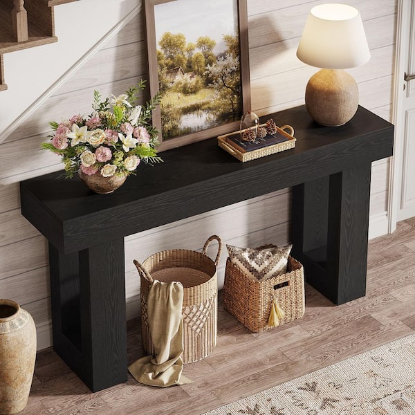 BYBLIGHT Turrella 63 in. W Black Rectangle Wood Sofa Console Table ...