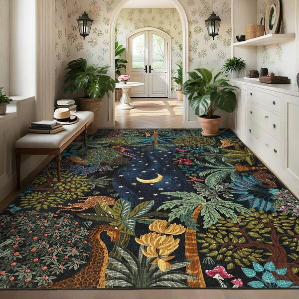 Blue 9 ft. x 12 ft. Washable Jungle Botanical Print Rug Soft and