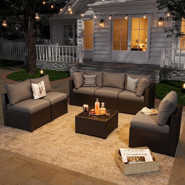 Black 7-Piece Wicker Rattan Outdoor Sectional Set with Gray Cushions, Coffee Table