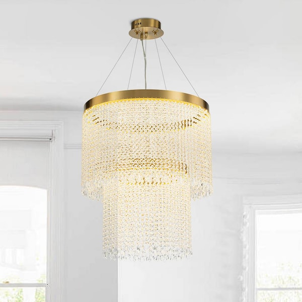 Y'INSP 2-Lights Dimmable Integrated LED Brass Modern Luxury Crystal Tiered Chandelier in Tassel Style for Living-Room