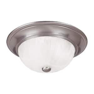11 in. W x 4.88 in. H 2-Light Satin Nickel Flush Mount Ceiling Light with Ribbed Marble Glass Shade