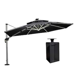 12 ft. Octagon Aluminum Solar Powered LED Patio Cantilever Offset Umbrella with Base in Ground, Gray