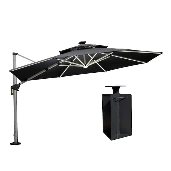 PURPLE LEAF 12 ft. Octagon Aluminum Solar Powered LED Patio Cantilever Offset Umbrella with Base in Ground, Gray