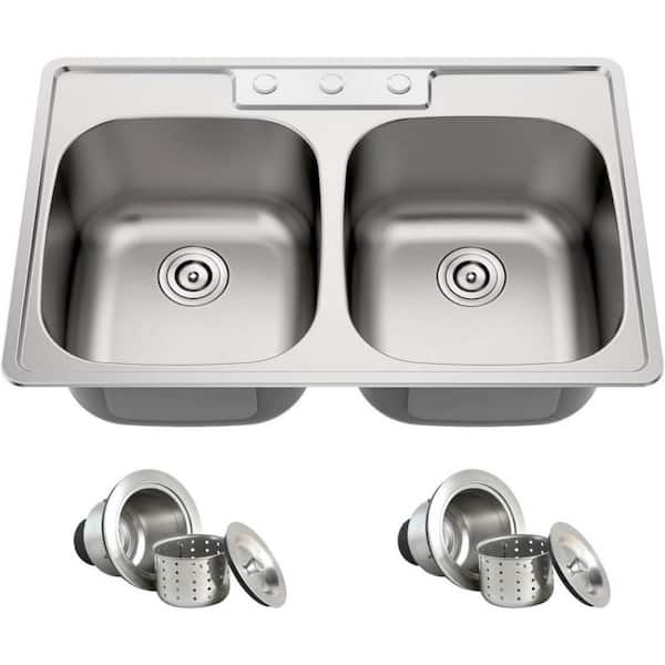 33 in. Drop-In/Topmount Double Bowl 18 Gauge Stainless Steel Kitchen Sink with Basket Strainer