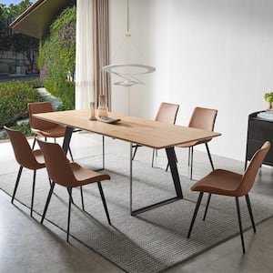 7-Piece Set of Brown Chairs and  Oak Rectangular Retractable Dining Table with Carbon Steel Legs and 6 Modern Chairs
