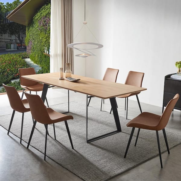 GOJANE 7-Piece Set of Brown Chairs and  Oak Rectangular Retractable Dining Table with Carbon Steel Legs and 6 Modern Chairs