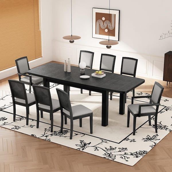 9-Piece Black Wood Top Extendable Dining Table Set Seats 8 with a Removable 24 in. Leaf, 8-Gray Linen Chairs
