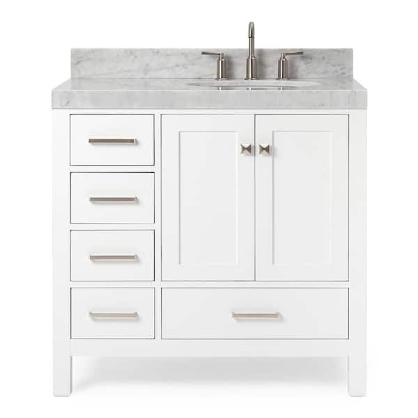 Cambridge 36 in. Single Sink Freestanding Bathroom Vanity in White with Carrara White Marble Top