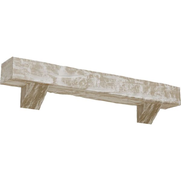 Ekena Millwork 4 in. x 6 in. x 4 ft. Riverwood Faux Wood Fireplace Mantel Kit, Breckinridge Corbels, Whitewashed