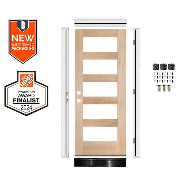 32in.x80in. Modern Hemlock RH 5Lite Clear Glass Unfinished Wood AssemblyRequired Front Door Kit w/QuickAssembleJamb