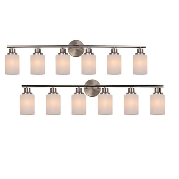 38.6 in. W 6-Light Brushed Nickel Vanity Light Wall Lamps with White Frosted Glass Dimmmable (No Bulbs)