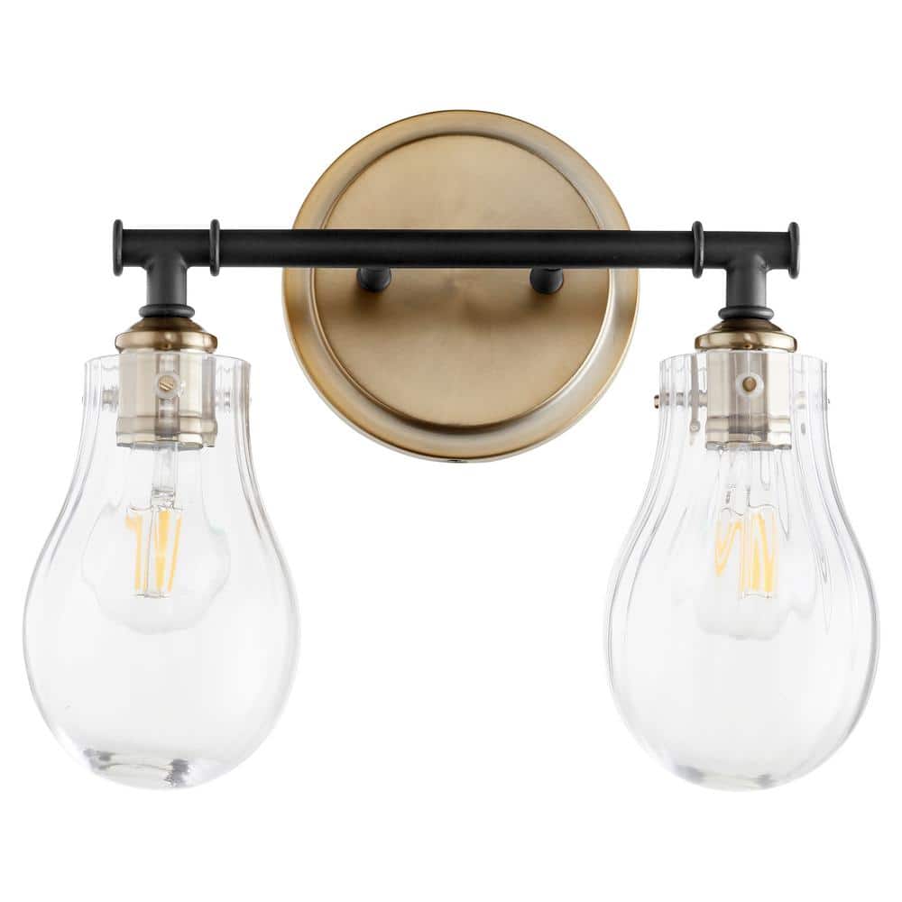 Dillinger Soft Contemporary 14 in. Width in. 2-Lights Black and Aged Brass Finish Vanity Light with Seeded Glass Shades. price history on PriceWatchPro
