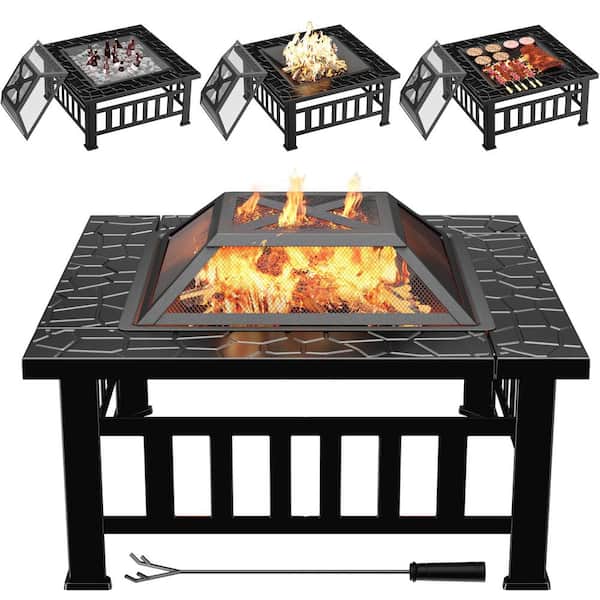 Tozey 32 in. Outdoor Metal Black Fire Pit with Cover and Poker T
