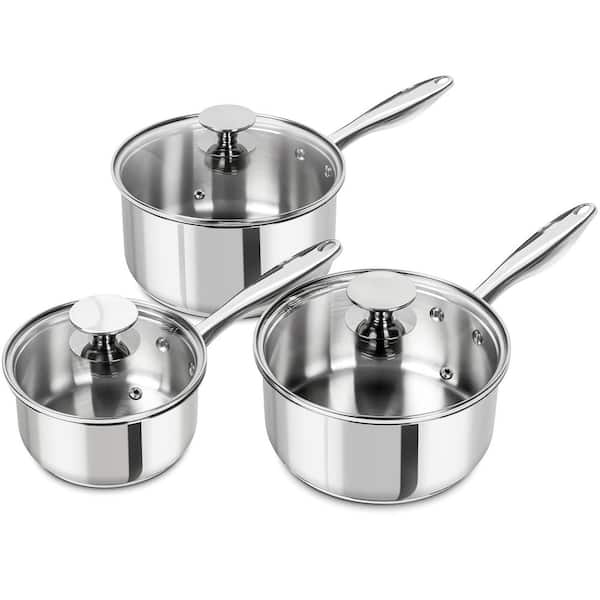 3-Piece Stainless Steel Lid Induction Saucepan Set with 1 qt. 2 qt. 3 qt. Pans, Stainless Steel Sauce Pot Set 6-Pieces
