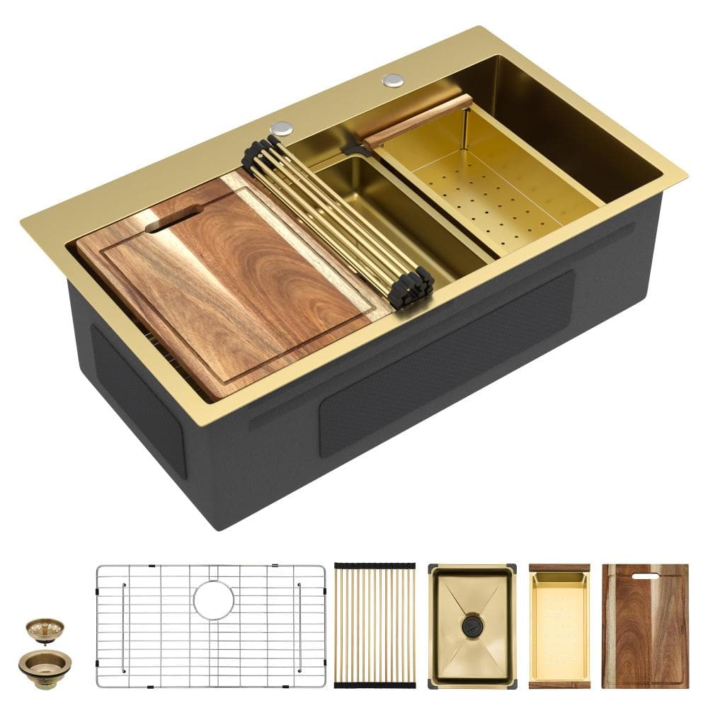 33 in. Drop-In Single Bowl 16 Gauge Brushed Gold Stainless Steel Workstation Kitchen Sink with Accessories Included price history on PriceWatchPro