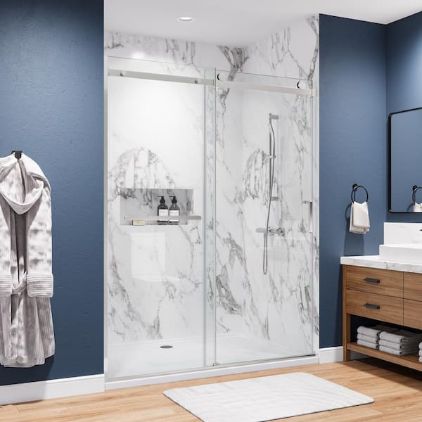 WYonder 60 in. W x 75 in. H Sliding Semi Frameless Shower Door in Brushed Nickel with 5/16 in. (8 mm) Clear Glass