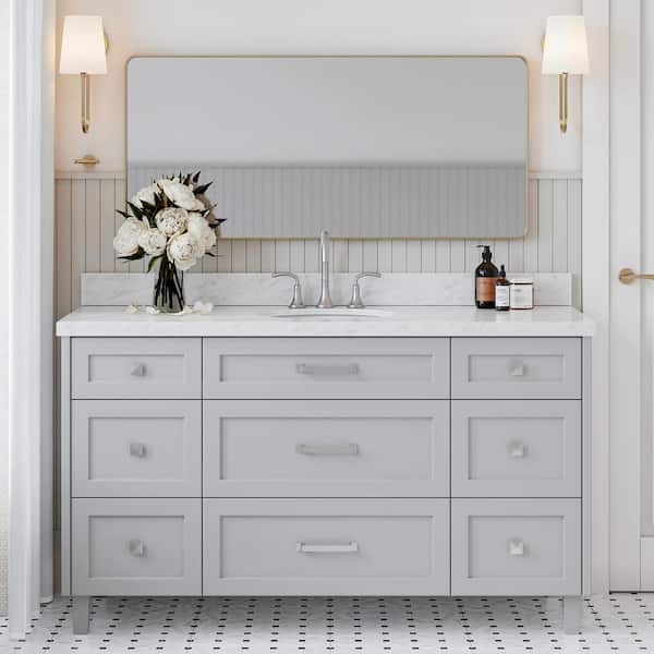 ARIEL Monroe 61 in. W x 22 in. D x 36 in. H Freestanding Bath Vanity in Grey with Italian Carrara White Marble Vanity Top