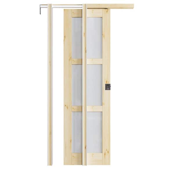 ARK DESIGN 24 in. x 80 in. 3-Lite Frosted Glass Unfinished Pine Wood Pocket Door with Hardware (Soft Close and Black Lock Incl)
