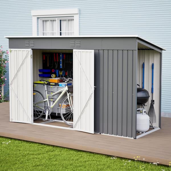 10 ft. W x 4 ft. D Gray Outdoor Metal Storage Shed with Lockable Door and Floor Frame for Garden Tools (40 sq. ft.)