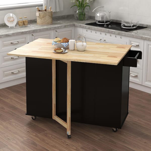 Black Kitchen Island With Spice Rack, Solid Wood Kitchen Island With Seating