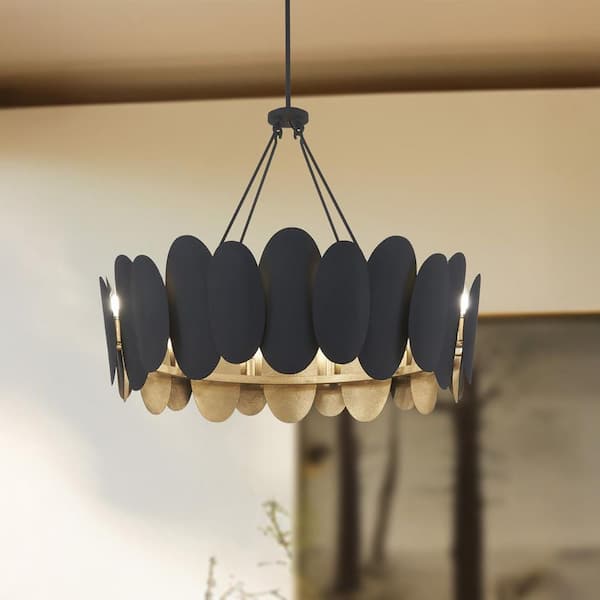 Vailen 40-Watt 12-Light Dark Matte Black and Textured Gold Round Pendant Light with Steel Shades, No Bulbs Included