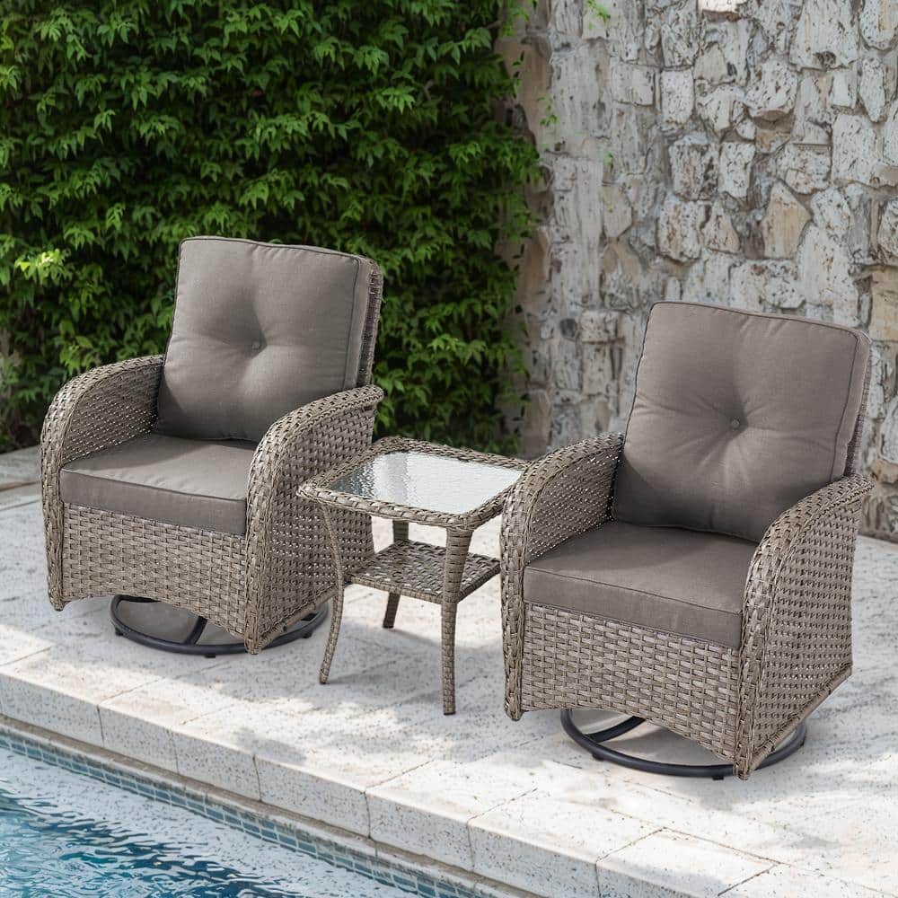 Gray Wicker 3-Piece Outdoor Rocking Chair Set with Cushions and Glass Table