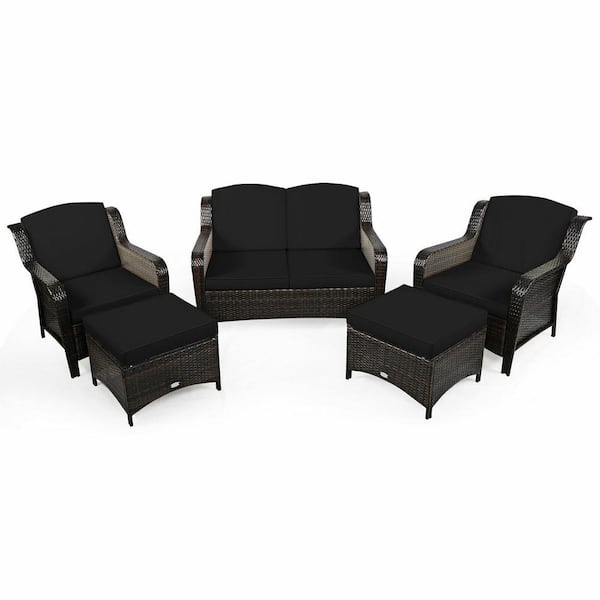 FORCLOVER 5-Piece Wicker Patio Conversation Set with Black Cushions and 2 Ottomans