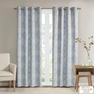 Tinsley Blue Total Blackout Printed Dobby Texture Grommet Top Window Curtain Panel 50 in. W x 95 in. L