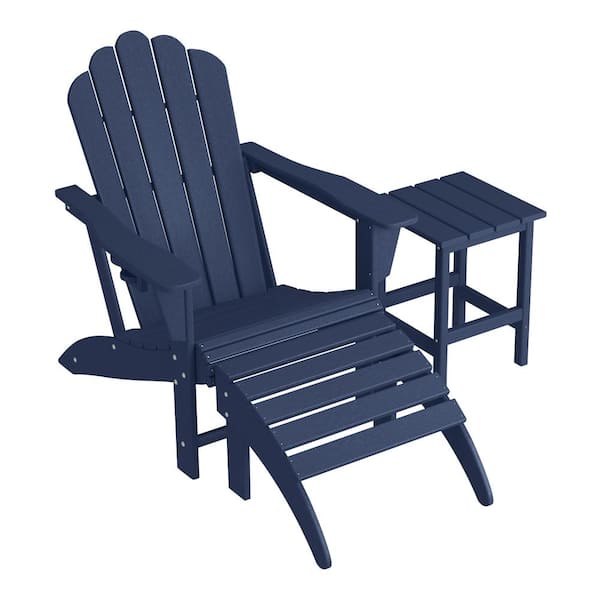 WESTIN OUTDOOR Aderson 3-Piece All Weather Outdoor Patio HDPE Adirondack Chair with Cupholder, Side Table and Ottoman in Navy Blue