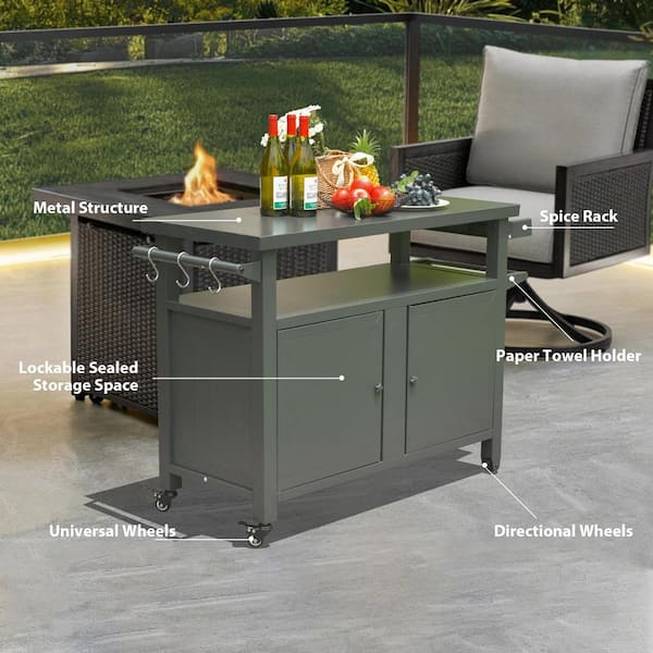 Gray Aluminum Grilling Set, Grill Carts Outdoor Storage Cabinet with 2 Wheels for Patio, Kitchen Island, Home Party, Bar