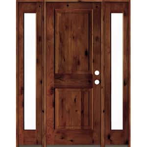 58 in. x 80 in. Rustic Knotty Alder Square Top Red Chestnut Stained Wood Left Hand Single Prehung Front Door