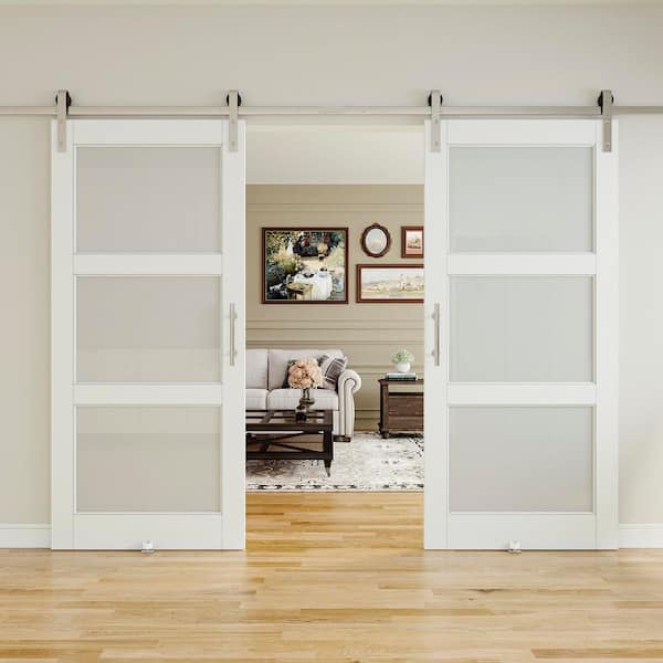 72 in. x 80 in. 3-Lite Frosted Glass White Primed MDF Sliding Barn Door with Hardware Kit Nickel Plated