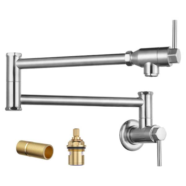 Commercial Solid Brass Wall Mounted Pot Filler Faucet with Double-Joint Swing Arm in Brushed Nickel