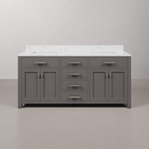 Madison 72 in. W x 21.5 in. D x 34 in. H Double Sink Bath Vanity in Cashmere Grey with Carrara White Marble Top